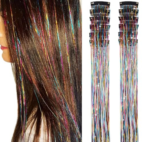 PORSMEER Lametta-Set zum Anklipsen, bunt, glitzernd, hitzebeständig, Feen-Lametta-Extensions mit Clips, funkelnd, glänzend, Haar-Accessoires, 50,8 cm, für Damen, 12 Stück
