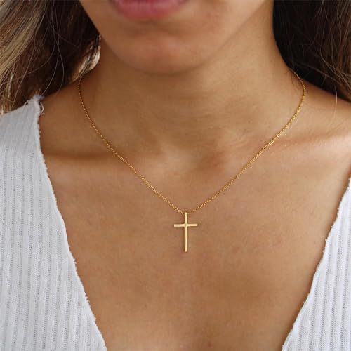 Mezrkuwr Collier en acier inoxydable plaqué or 18 carats avec pendentif en forme de croix - Chaîne de 47 cm - Avec boîte cadeau, L, Or Edelstahl Doré