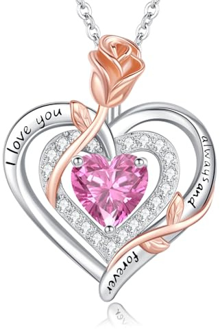 LAVUMO Halskette Damen Silber Doppel Herz Rose Schmuck Geschenke Frauen | Kette Damen Geburtsstein Halsketten Muttertag Geburtstag Valentinstag Weihnachten Hochzeitstag Geschenk für Frauen Freundin
