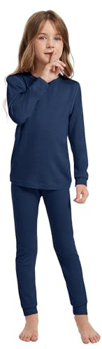 Woolcano Ensemble Thermique Enfant 100% Laine Mérinos, Haut et Pantalon Chauds pour Hiver, Ski, Patinage & Neige 190g/m² Bleu Marine 3-4