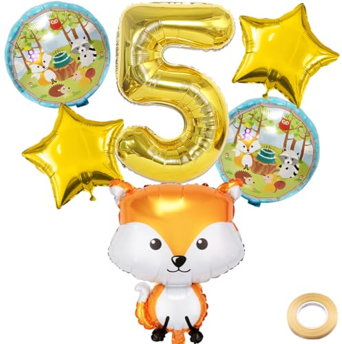 Kawailay 5. Fuchs Geburtstag Deko Waldtiere 5. Geburtstag Deko Ballons Fuchs Folienballon Gold Zahl 5 Luftballon für Junge Mädchen Geburtstag Party Motto Party