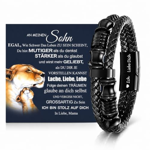 Armband Herren Lederarmband Sohn Geschenk-Schwarz Herrenarmband mit Gravur | Leder Armbänder an Meinen Sohn für 18 Geburtstag Junge Teenager Engraved Mutmacher 16 19 21 Jährige Männer von Mama Papa