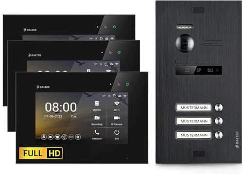 Balter EVO-HD Video Türsprechanlage, Video Türklingel mit Kamera, 3 Familienhaus Klingel, 3X 7 Zoll HD Monitor, Full HD, 2 Draht Bus, Gegensprechanlage mit 175° Weitwinkel