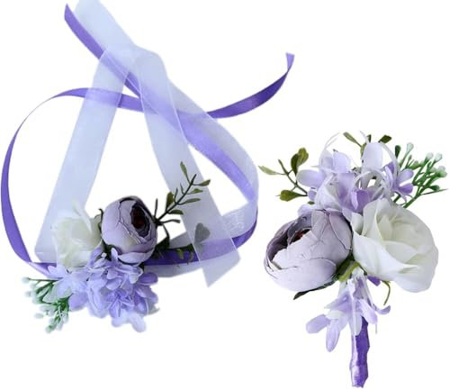 Whakano 2 Stück Blume Ansteckblume Armband,Handgelenksblume Corsage Set,Handgelenk Corsage Hochzeit,für Braut Brautjungfer Gäste Herren Damen Party Abschlussball Taufe Dekoration,Lila