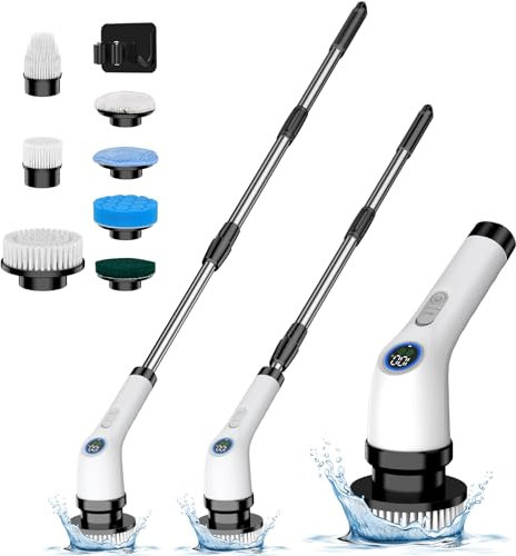 Apkezel Brosse Électrique de Nettoyage pour Salle de Bain avec Poignée Réglable et 7 Têtes Interchangeables