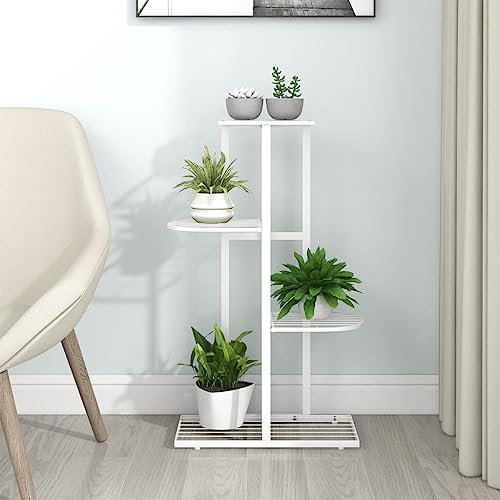 SDWEHO7 Freistehende Pflanzenregal, Blumenständer, 4 Etagen Pflanzenständer, Blumenregal, Blumenbank für Innen Außen, Blumentreppe, Blumentopf Ständer , 43x22x76 cm Weiß Metall