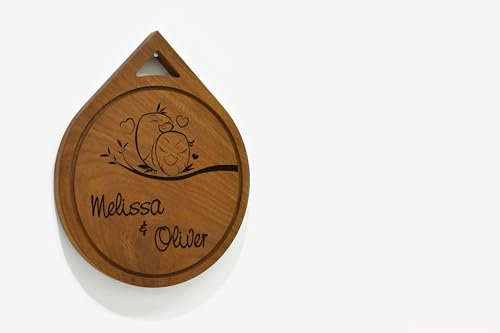 Round Wooden Chopping Board - Solid Iroko Wood - Engraved Cutting Board - Personalized Couple Gift - Romantic Love Birds - Bedroom Decor