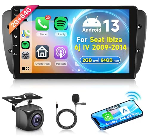 2G+64G Wireless Carplay Android 13 Radio de Coche 2 Din para Seat Ibiza 6j IV 2009-2014 9 Pulgadas con Android Auto Navi GPS WiFi Mirror Link Bluetooth FM/RDS DAB/DVR/EQ/SWC Cámara Trasera