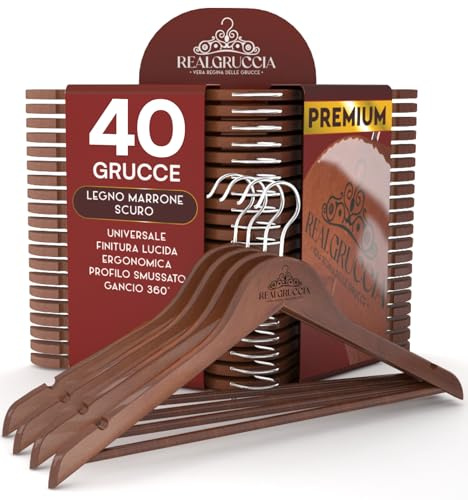 40 Kleiderbügel aus Holz Kleiderbügel mit Anti-Rutsch-Einkerbungen Holzbügel RealGruccia Farbe Dunkelbraun von Hosen Anzügen Hemden - Drehbaren Hakens und Abgeschrägte Profile - 22x45cm