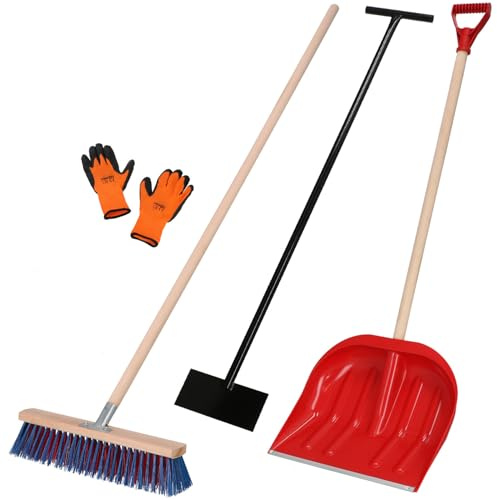 KOTARBAU® Set snöskyffel med trähandtag 134,5 cm gatukvast med handtag 43 cm isskrapa 119 x 20 cm + handskar, snösläde, snöröjare, snöskyffel, trähandtag för snöröjning