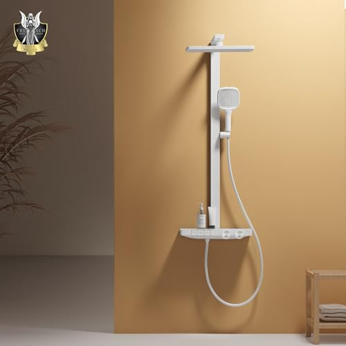 EMKE Colonne de Douche Thermostatique, 402x573x1050 mm,Blanc Mat | Pommeau de Douche Extra Large de 360 mm, Barre de Levée Ajustable, Douche à Main 4 Fonctions, Réglage du Débit d'Eau