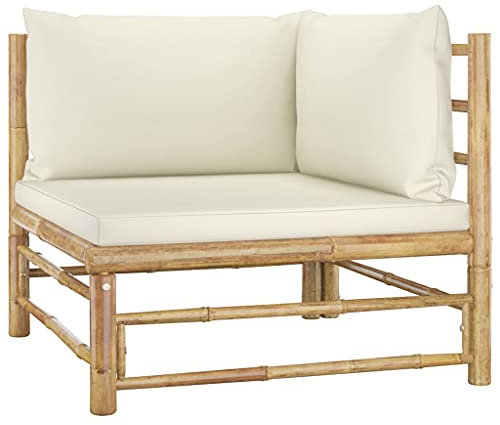 CINDERFUL Garten-Ecksofa mit Kissen Cremeweiß Bambus,Bambus Modulsofa bequemes Gartensofa für Terrasse und Balkon Gartensitzmöbel