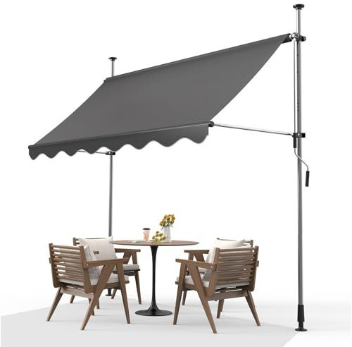 Tenda da Sole Regolabile Senza Forare per Esterno 250x120cm, Tenda da Sole a Manovella per Balcone con Telaio Telescopico e Resistente ai Raggi UV, Protezione Solare per Giardino, Grigio Scuro