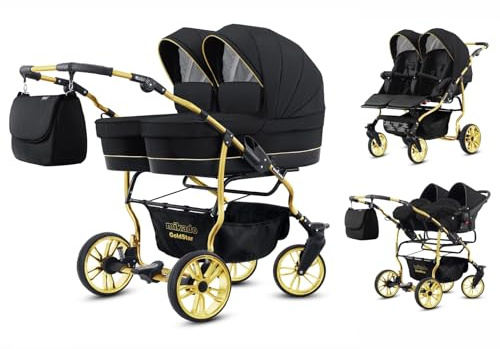 Cochecito doble gemelar 3en1: 2 capazos + 2 sillas de paseo + 2 asientos de coche. Carrito trio todo completo desde el nacimiento. BBtwin - Gold Lux. Black and gold.