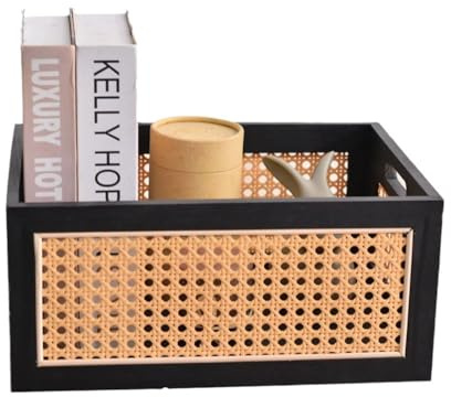 Panier de rangement rectangulaire tissé en bois avec poignée | Panier de rangement tissé avec poignée pour la maison, le bureau, l'armoire, l'étagère