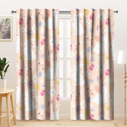 Kzzfqxb 107x160cm Kinder vorhänge 2 Paneele, ockerrosa Blumen Blütenknospen weiße Kaninchen für Kinder Mädchen Schlafzimmer Kinderzimmer Wohnzimmer Fensterbehandlung