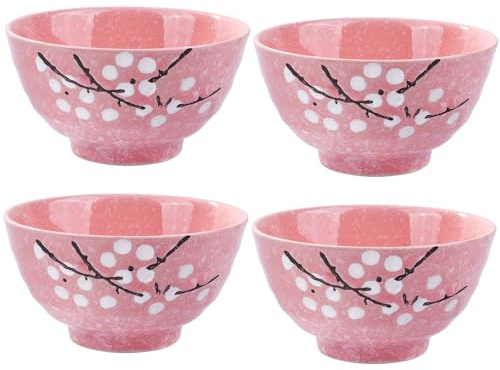 Fignner Lot de 4 bols à riz en céramique de style japonais Motif fleurs de cerisier Rose