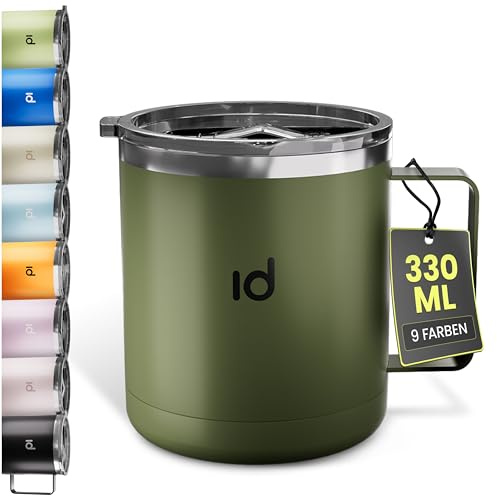 IceDrop® Edelstahl Thermo Tasse [330ml] I Thermobecher mit Deckel – 100% Auslaufsicher I Kaffeebecher to Go für 12 Stunden heiße oder kalte Getränke I Thermobecher mit Henkel - Reisebecher - Olive