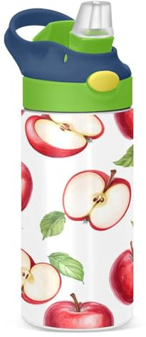 JUMBEAR Bouteille d'eau isotherme en acier inoxydable avec couvercle à paille pour enfants, motif pommes rouges, 350 ml, pour l'école, garçons et filles