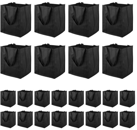 MEIDIV 20 Pack Large Reusable Shopping Bags, 32x38x25cm Large Grocery Tote Bags with Handles, Foldable Non-Woven Shopping Bag for Daily Life, Picnic, Camping Black