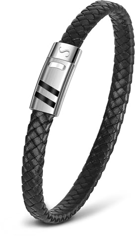 Casisto.J Herren Lederarmband Graviert mit Initialen A-Z, Buchstabe Armband Schwarz Geflochten Leder Armbänder mit Magnetverschluss Vatertag Geburtstag Geschenke für Männer