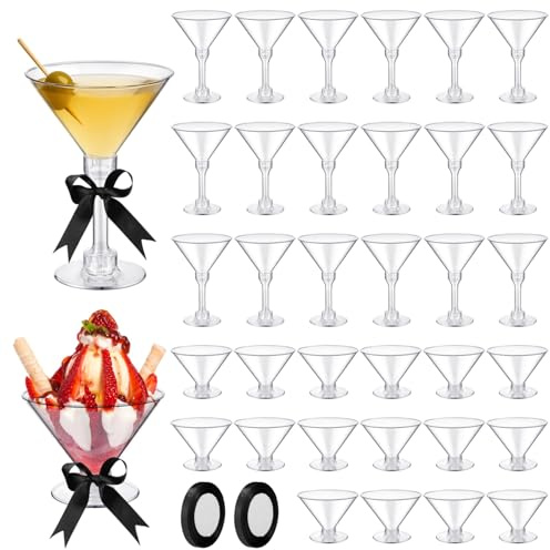 SWEWARM Lot de 48 verres à martini, gobelets en plastique avec rubans noirs, verres à martini transparents, verres à cocktail uniques, base amovible avec hauteur réglable, fournitures pour enterrement