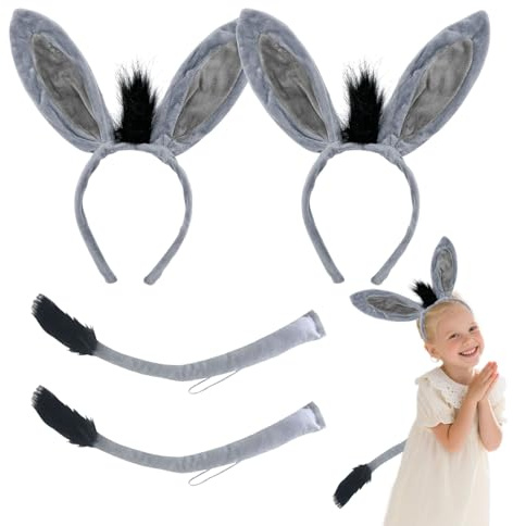 FUIPVGI Juego de disfraz de 4 piezas de orejas y cola de animales de burro, diadema de cosplay de animal, disfraz de burro, diadema con cola de orejas, para carnaval, fiestas de Halloween, tema del