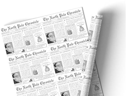 North Pole Chronicles Newspaper Christmas Wrapping Paper 3 Metre Roll, North Pole News Gift Wrap, Santa Claus Newspaper