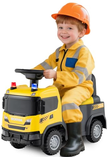GOPLUS Kinder Rutschauto, 2 in 1 Schiebeauto, Bauwagen mit Lichtern, Geräuschen & Stauraum unter dem Sitz, Rutschfahrzeug tragbar für Jungen und Mädchen ab 18 Monaten (Gelb)