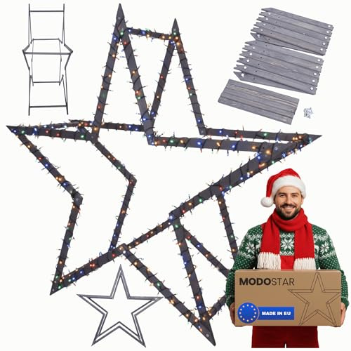 MODO24 DIY Stern MODOSTAR 3D Weihnachtsstern Set aus FSC Holz, Sternabmessungen: 189 cm, zum Aufstellen im Garten & Terrasse, wetterfest, faltbar & stabil, Weihnachtsdeko, Farbe: Grau imprägniert