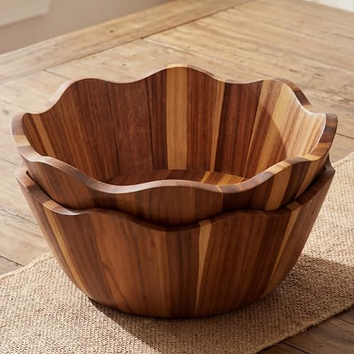 Ferrochef 2 Pcs Scalloped Decorative Wooden Bowl 12 Inch Acacia Wood Fruit & Serving Bowl Handcrafted Rustic Decorative Bowls for Fruit, Salad, Snacks and Home Kitchen Counter Decor Wedding Decor