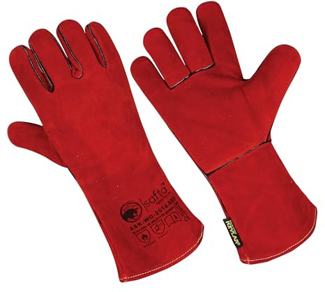 SAFTA Welding Gloves 14 Inch Heat Resistant Gauntlets Cow Split Leather Work Gloves with Kevlar Stitching MIG TIG ARC BBQ Fireplace Forge Heavy Duty Protection Red Black (Red, 14 Inches)
