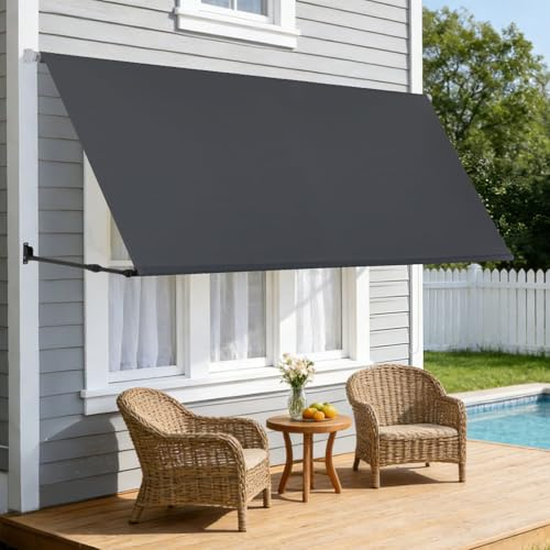 Jaxguom Markise Fallarmmarkise einziehbar 250x150cm, Stützarm 70-120cm verstellbar, 2m Perlenkette, Wandmontage, Sonnenschutz & Windschutz für Balkon Terrasse Garten, Dunkelgrau
