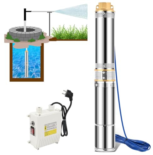 Peviasot 370W Tiefbrunnenpumpe 4 Zoll mit Steuerbox, Brunnenpumpe Edelstahl mit Messing-Anschluss, 4000 L/h 34 m 3,4bar mit 20 m Kabel, Max.150g/m3 IP68 für Hauswasser & Garten