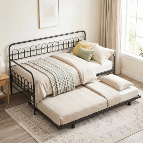 COSTWAY Metal Day Bed with Trundle, Single Bed Frame with Headboard | Fits 90x190cm Mattress, Metal Slat Support Platform Base, Space-Saving Pull-Out Sofa Beds, 3FT Daybed for Living Room Bedroom