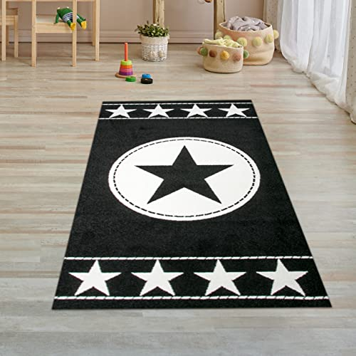 Traum Kinderteppich Spielteppich Kinderzimmer Teppich Sternteppich Sterne Schwarz Creme 120x170 cm