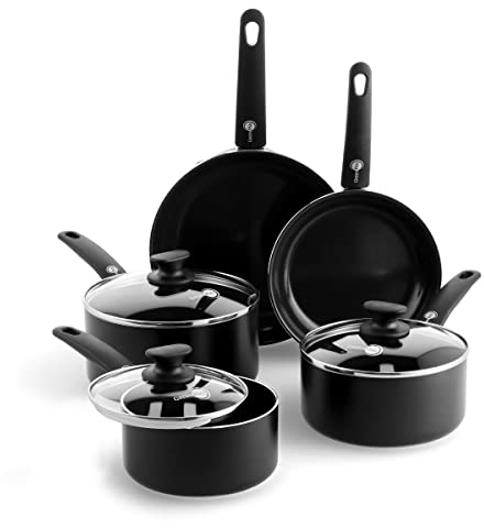 GreenPan Cambridge Healthy Ceramic Nonstick 8-Piece Cookware Pots and Pans Set, Includes Frying Pans and Saucepans with Lids, PFAS Free, For all hobs including Induction, Oven Safe up to 160°C, Black