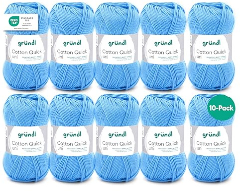 Gründl Wolle Cotton Quick uni - dünne Wolle zum Häkeln - Strickgarn - Häkelgarn - Glänzend und hautfreundlich - 100% Baumwolle - 10 Knäuel 50 g / 125 m - Nadelstärke 3-4 - Hellblau
