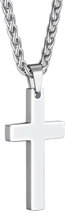 PROSTEEL Personalizado Colgante Cruz Plata Collar Hombre Acero Inoxidable Plateado Colgantes Cruz Grande Cadena Trigo Espiga Eslabones 55cm+5cm Joyas Hombres Mujeres Sencillo Religioso