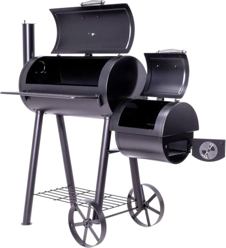 BBQ Grill Smoker schwarz Grillwagen 2 Kammern Barbecue | 125x60x120 cm 28 kg Transporträder Thermostat