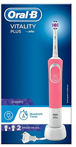 Oral-B Vitality Plus 3DWhite Pink Electric Toothbrush Rechargeable Powered by Braun, 1 x Toothbrush Handle, 2 Toothbrush Heads and UK 2-Pin Plug