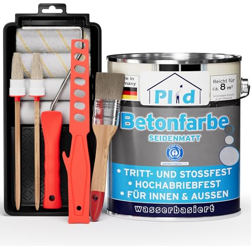 Plid Betonfarbe Silbergrau Seidenmatt 0,75 L Set - Bodenfarbe für Beton | Flüssigkunststoff Bodenbeschichtung | Kellerbodenfarbe | Innen & Außen | ca. 8 m² | UV-beständig | Made in Germany