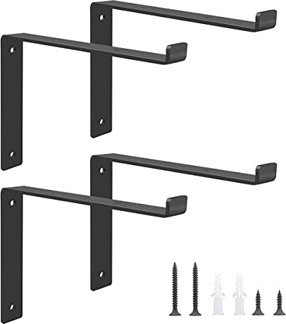 Schwarz Metall Regalhalterung,4 Stück 200mm Schwerlast Vintage Winkel l Regalträger Stützen für Holz Wand Bücher,Industrial Brute Strength Modern String Regalhalterung für Buch Garage Werkstatt