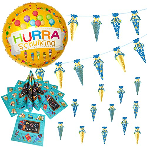 Oblique Unique® Schuleinführung Schulanfang Einschulung Deko Set für Jungs und Mädchen - Zuckertüten Girlande + Konfetti + Folienballon + Servietten