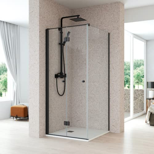 Mampara de Ducha Rectangular Puerta Plegable + 1 Fijo Latetal TRANSPARENTE | Cabina Ducha Rectangular Apertura Plegable + Cristal Fijo Lateral | Vidrio 6mm Antical | 195cm Altura | Negro | 80+100 cm