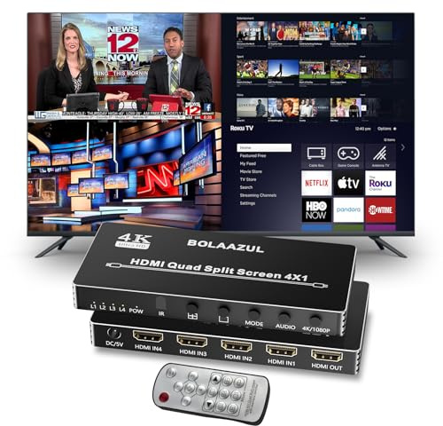 BolAAzuL HDMI Quad Screen Splitter/Multi-Viewer - 4K 30Hz, Seamless HDMI Switch für PS4, DVD, Kamera, PC, TV, Monitor