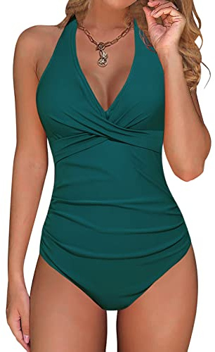 Voqeen Costumi da Bagno Interi con Scollo a V Donna Elegante Push up Swimsuit Slim Ruched Controllo Addominale Beachwear