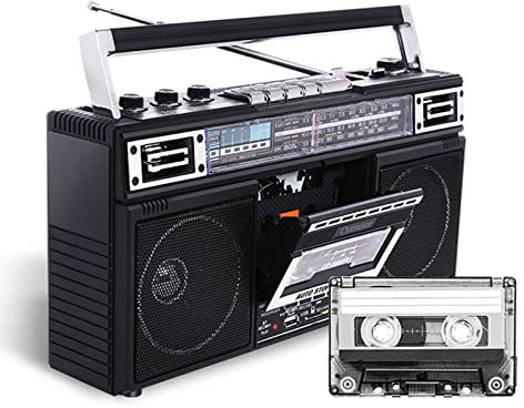Boombox Bluetooth portatile, audio Altoparlante stereo incorporato stile anni '80 con lettore di cassette Jack for cuffie Slot USB/Msd Radio Am/Fm Doppi altoparlanti Bassi e microfono a gamma completa