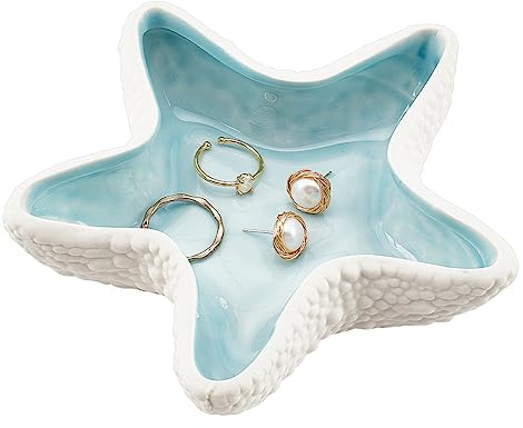 NBEADS Starfish Shape Ceramic Jewelry Tray, Aqua Shell Trinket Dish Ceramic Ring Earring Holder Ocean-themed Decorative Trinket Plate for Rings Earrings Necklaces Bracelet Jewelry Watch Keys