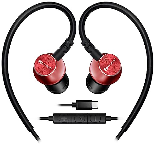 Hmusic Écouteurs de Sport filaires avec Microphone, USB de Type C, Coque en métal Écouteurs avec Crochet pour Le Sport, la Course, l'entraînement, l'exercice, la Gym (Rouge)